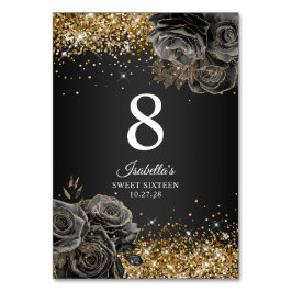 Tarjeta De Mesa Purpurina de oro de Glam Floral Negro Dieciséis