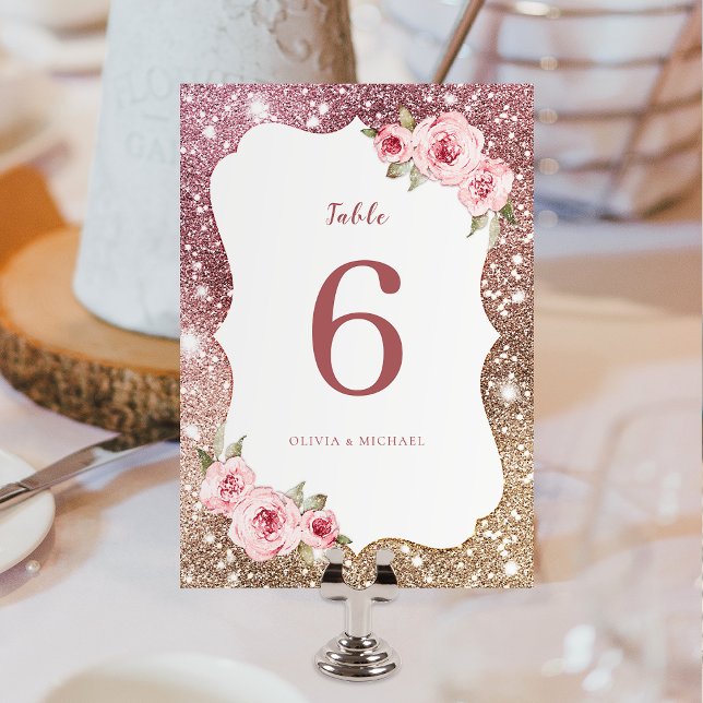 Tarjeta De Mesa Purpurina de oro de rosa espumoso y Boda floral (Sparkle rose gold glitter and floral Wedding Table Number card)