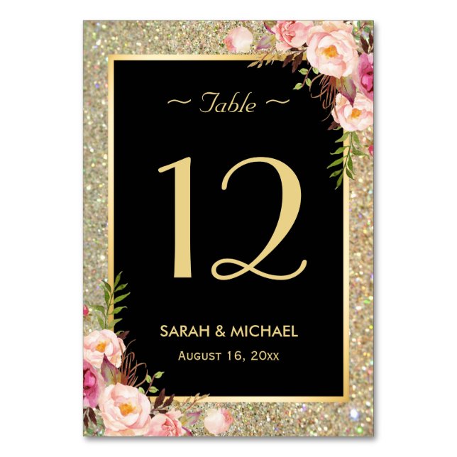 Tarjeta De Mesa Purpurina de oro Esparkles Boda Floral Número de t (Anverso)