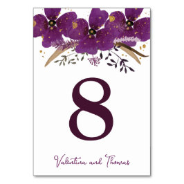 Tarjeta De Mesa Purpurina de oro y flores moradas número de tabla 