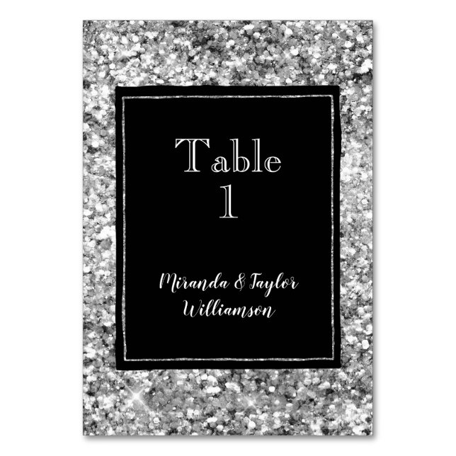 Tarjeta De Mesa Purpurina de plata glam negro (Anverso)