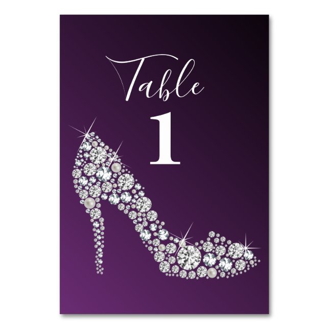 Tarjeta De Mesa purpurina de tacones altos de diamante elegante (Reverso)