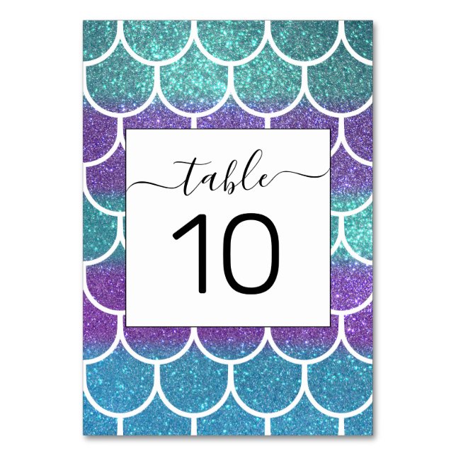 Tarjeta De Mesa Purpurina morado Verde azulado Sirena escalas de v (Anverso)
