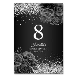 Tarjeta De Mesa Purpurina Plata Glam Floral Negro Dulce Dieciséis
