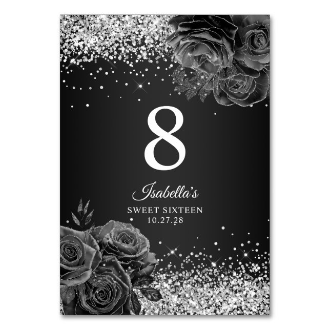Tarjeta De Mesa Purpurina Plata Glam Floral Negro Dulce Dieciséis (Anverso)
