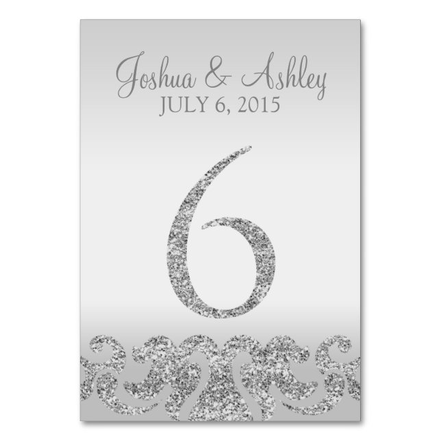 Tarjeta De Mesa Purpurina plateado Aspecto Boda Números de tabla-6 (Anverso)