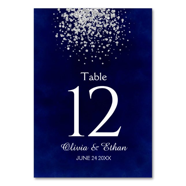 Tarjeta De Mesa Purpurina plateado moderno sobre el azul real (Anverso)