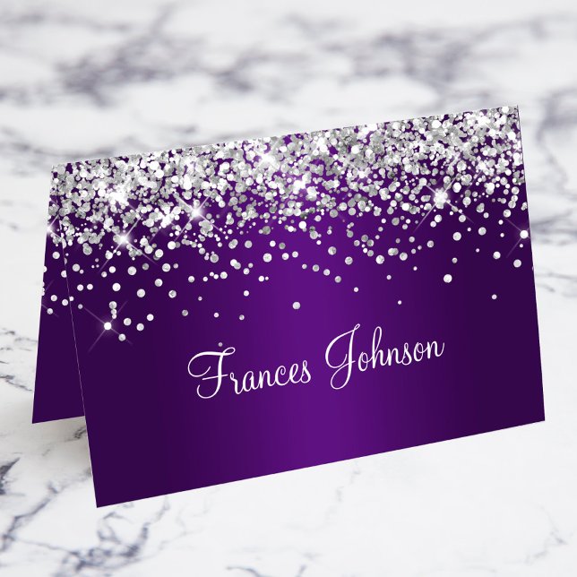 Tarjeta De Mesa Purpurina Plateado Royal Purple Ombre Nombre Tarje (Silver Glitter Royal Purple Ombre Name Place Cards)