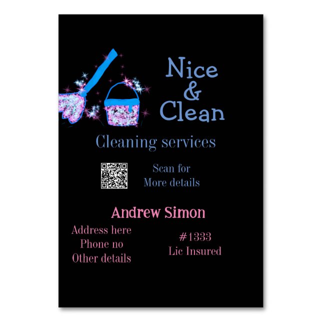 Tarjeta De Mesa Purpurina rosa azul limpio mop añadir dirección q  (Anverso)