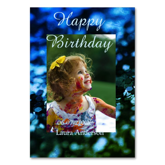 Tarjeta De Mesa Purpurina verde azul foto niños cumpleaños óxido m (Anverso)