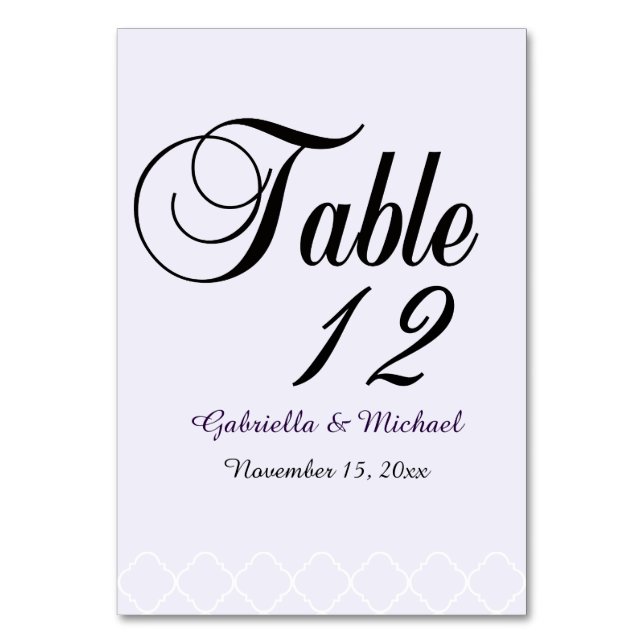 Tarjeta De Mesa Quatrefoil morado y blanco (Anverso)