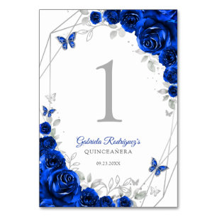 Tarjeta De Mesa Quinceañera Azul Real Floral de Plata