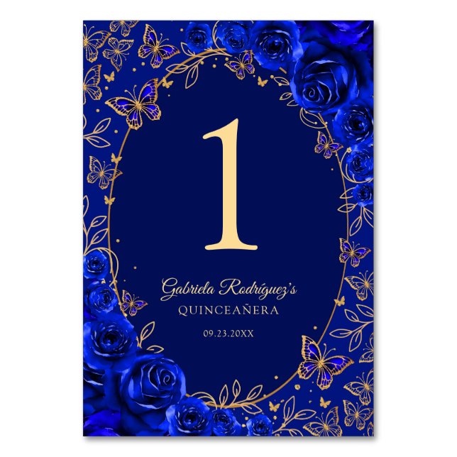 Tarjeta De Mesa Quinceañera Azul Real Oro (Anverso)
