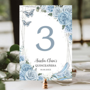 Tarjeta De Mesa Quinceañera Bebé Azul Floral Princesa Cenicienta