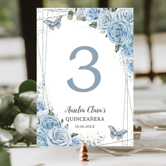 Tarjeta De Mesa Quinceañera Bebé Floral Azul Mariposas Plateadas (Subido por el creador)