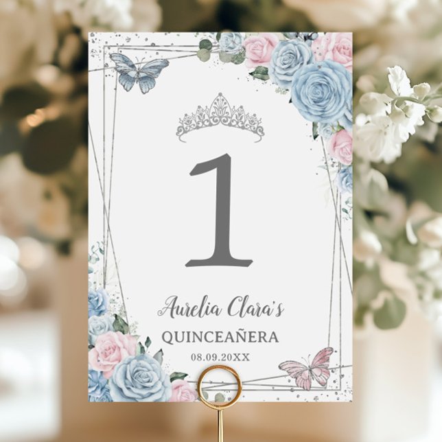 Tarjeta De Mesa Quinceañera Birthday Baby Blue Soft Pink Floral (Subido por el creador)