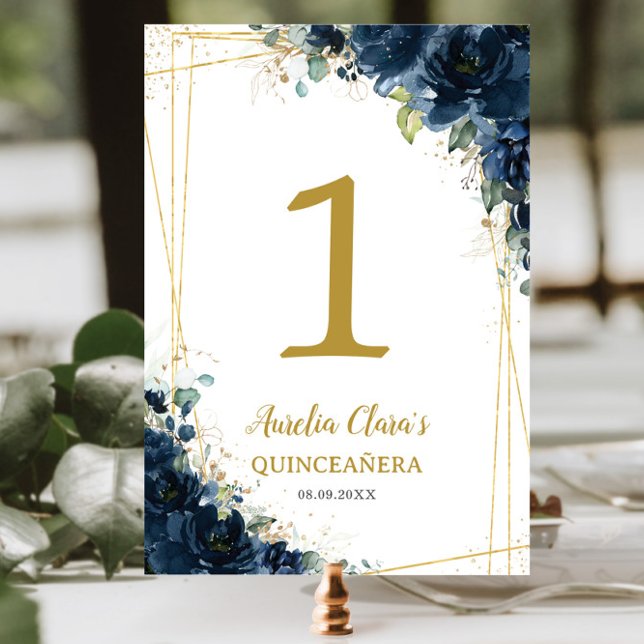 Tarjeta De Mesa Quinceañera Birthday Navy Blue Floral Gold (Subido por el creador)
