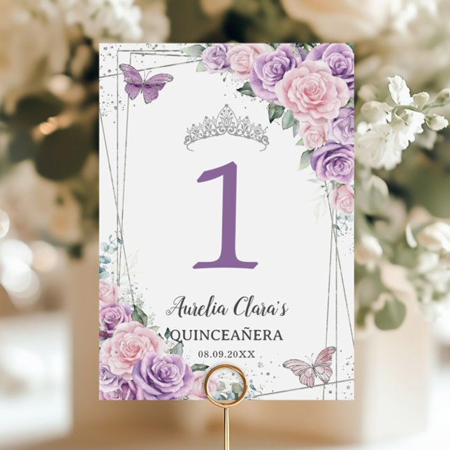 Tarjeta De Mesa Quinceañera Birthday Purple Lilac Pink Floral (Subido por el creador)