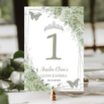 Tarjeta De Mesa Quinceañera Birthday Sage Green Floral Butterflies<br><div class="desc">Personalice esta hermosa quinceañera de plata floral verde de sabio / fiesta de cumpleaños / ducha de novia / ducha de bebé / número de mesa boda fácil y rápidamente. Simplemente haga clic en el botón "Editar usando herramientas de diseño" para modificar el texto, la redacción, el estilo de fuente,...</div>