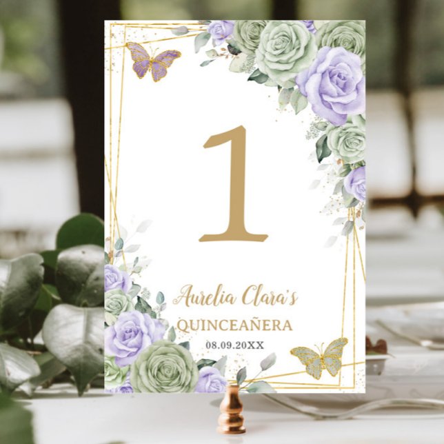 Tarjeta De Mesa Quinceañera Birthday Sage Rosa Púrpura Verde Flora (Subido por el creador)