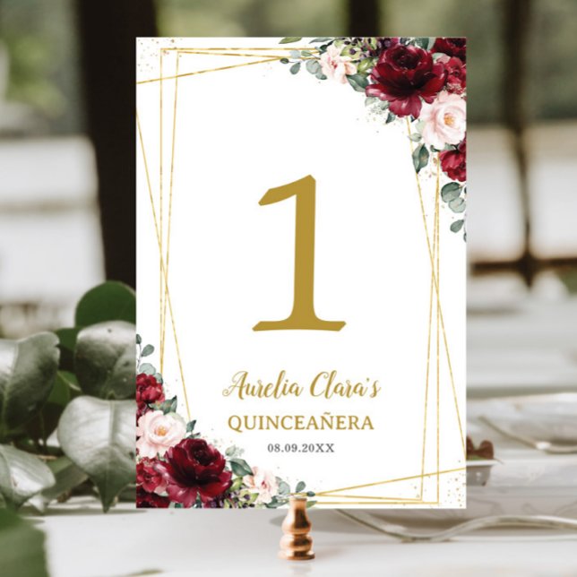 Tarjeta De Mesa Quinceañera Burgundy Rubor Floral Gold Butterflies (Subido por el creador)