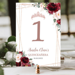 Tarjeta De Mesa Quinceañera Burgundy Rubor Floral Rosa Gold