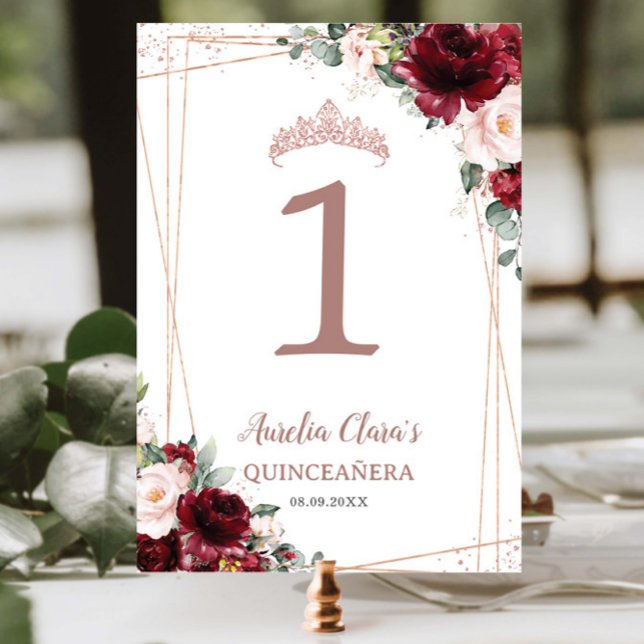 Tarjeta De Mesa Quinceañera Burgundy Rubor Floral Rosa Gold (Subido por el creador)