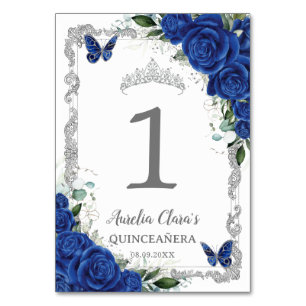 Tarjeta De Mesa Quinceañera Cumpleaños Azul Real Floral Plata