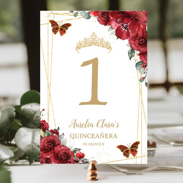 Tarjeta De Mesa Quinceañera Cumpleaños Mariposas de Oro Rojo Flora (Subido por el creador)