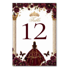 Tarjeta De Mesa Quinceañera Emerald Gold Burgundy Roses Princess