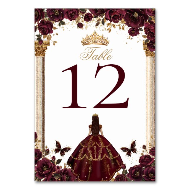 Tarjeta De Mesa Quinceañera Emerald Gold Burgundy Roses Princess (Anverso)
