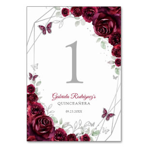 Tarjeta De Mesa Quinceañera Floral Burgundy Plata