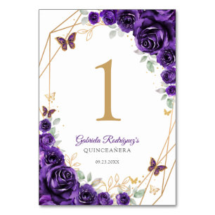 Tarjeta De Mesa Quinceañera Floral de Oro Púrpura