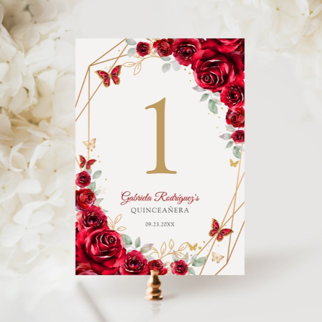 Tarjeta De Mesa Quinceanera floral de oro rojo (Subido por el creador)