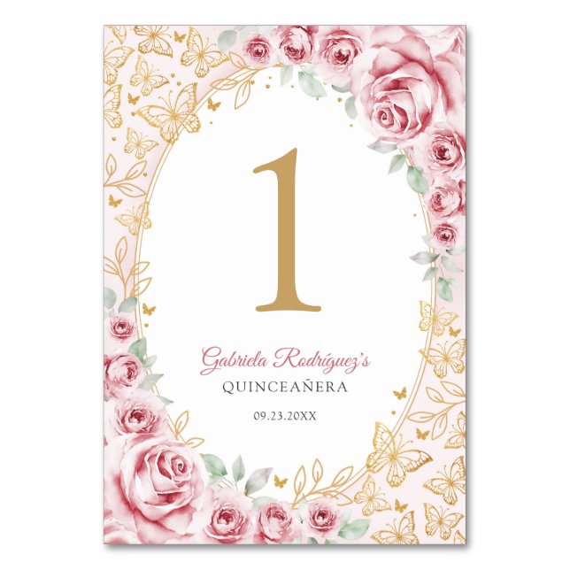 Tarjeta De Mesa Quinceañera Floral de Oro Rosa (Anverso)