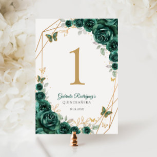 Tarjeta De Mesa Quinceanera floral de oro verde esmeralda