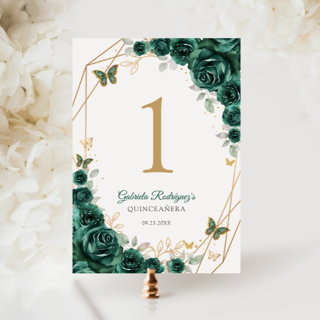 Tarjeta De Mesa Quinceanera floral de oro verde esmeralda (Subido por el creador)