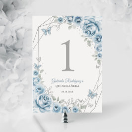 Tarjeta De Mesa Quinceanera floral de plata azul bebé