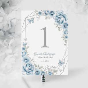 Tarjeta De Mesa Quinceanera floral de plata azul bebé