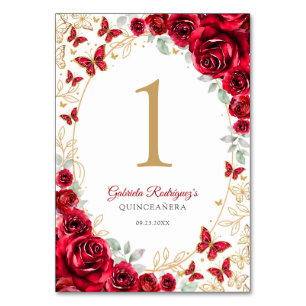 Tarjeta De Mesa Quinceañera Floral Dorado Rojo