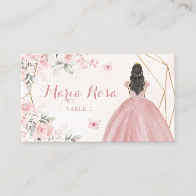 Tarjeta De Mesa Quinceañera floral geométrica rosa Rubor (Anverso)