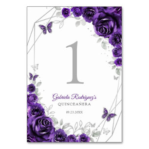 Tarjeta De Mesa Quinceañera Floral Plateada Púrpura