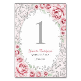 Tarjeta De Mesa Quinceañera floral plateada rosa