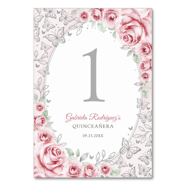 Tarjeta De Mesa Quinceañera floral plateada rosa (Anverso)
