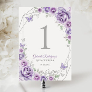 Tarjeta De Mesa Quinceañera Floral Púrpura Lila Plateada