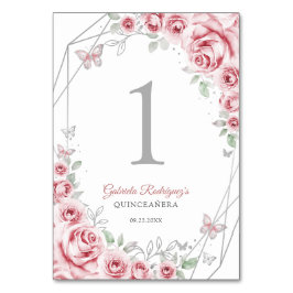Tarjeta De Mesa Quinceañera floral rosa plateada
