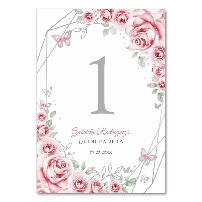 Tarjeta De Mesa Quinceañera floral rosa plateada (Anverso)