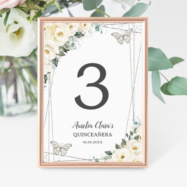 Tarjeta De Mesa Quinceañera Marfil Floral Blanca Mariposas Platead (Subido por el creador)