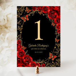 Tarjeta De Mesa Quinceañera Negro Rojo Dorado
