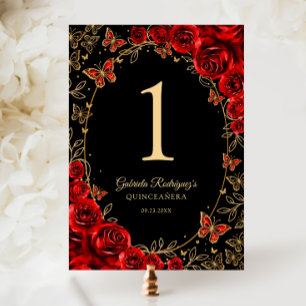Tarjeta De Mesa Quinceañera Negro Rojo Dorado